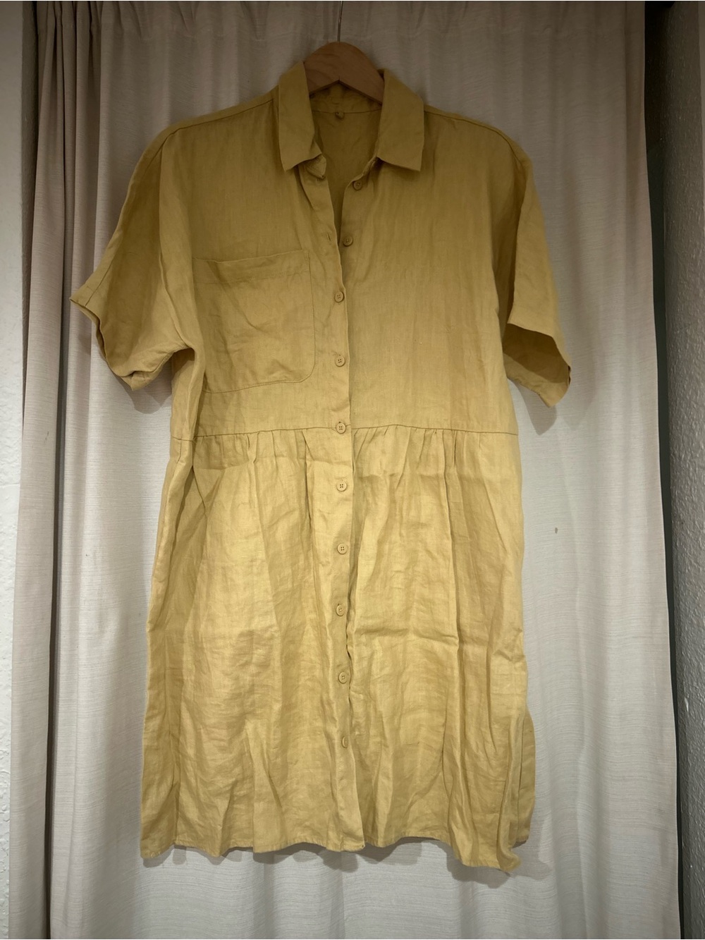 Women's Short-Sleeve Button-Front Linen Dress in Mustard